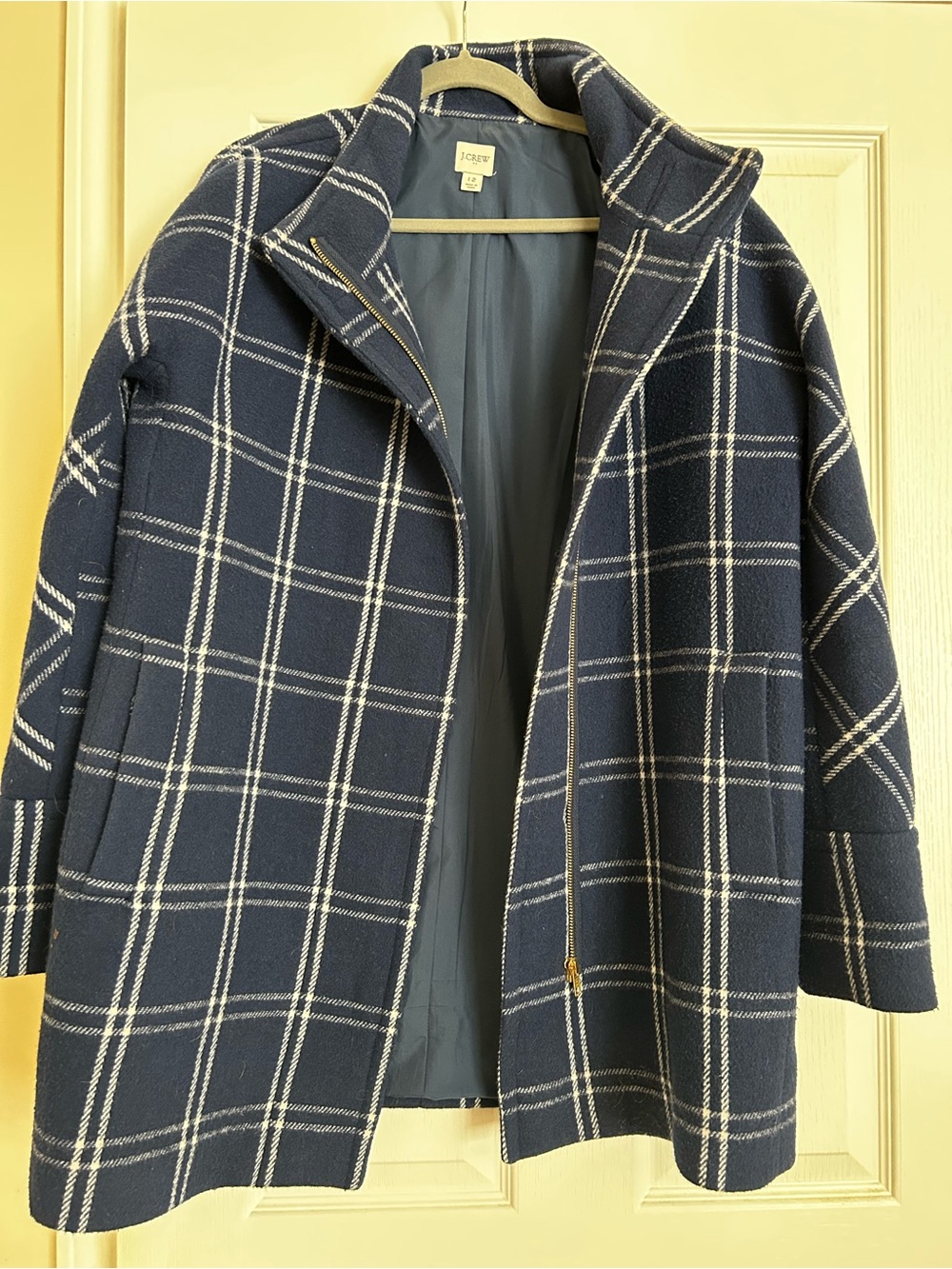 J. Crew Navy and White Windowpane Plaid Wool Pea Coat